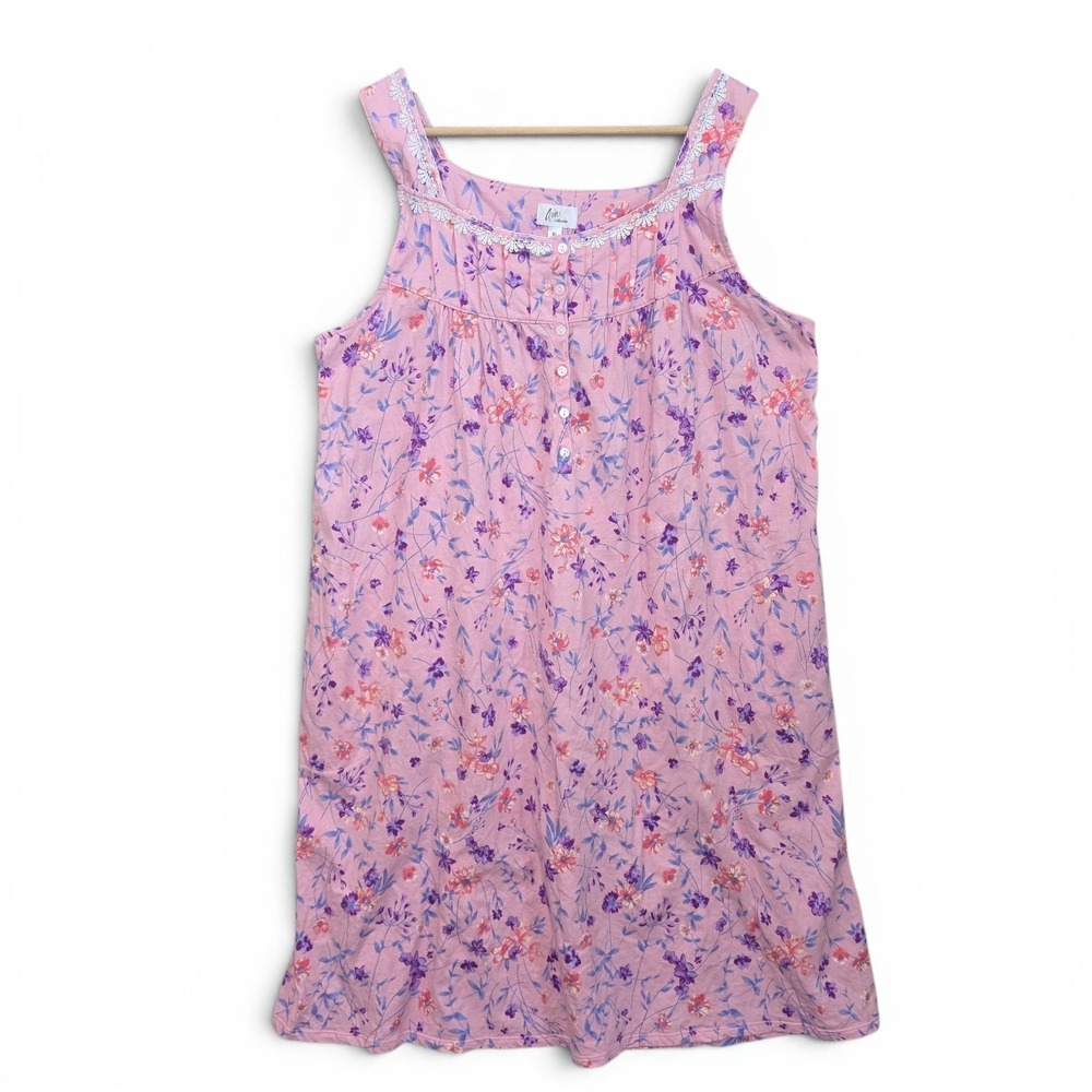 Aria Collection Nightgown Womens XL Pink Floral Sleeveless Crochet Detail Pocket